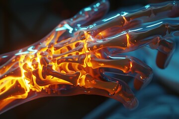 3D hologram of human wrist bones illuminated for educational purposes