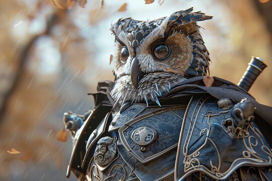 3D illustration of a fantasy character, an owl in armor