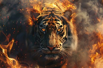 3D illustration of a tiger in the fire with flames and smoke