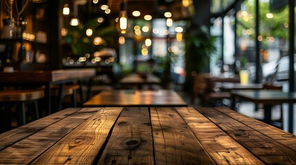 Poster - Empty wood table with blur interior coffee shop restaurant or cafe for background : Generative AI