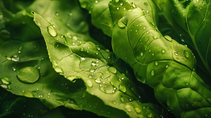 Poster - Closeup macro view of fresh green Lettuce leaves with water drops high resolution : Generative AI