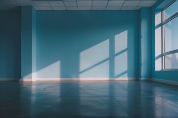 Empty office with blue walls and floor, illuminated by a window