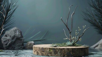 Aufkleber - Abstract north nature scene with a composition of lichen pine branches and dry snags Place your product on a cork podium Copy space : Generative AI