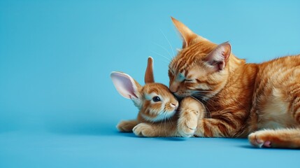 Poster - Ginger cat and rabbit playing together Happy red pets isolated on blue : Generative AI