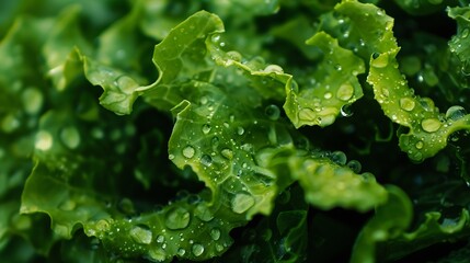 Poster - Green lettuce salad leaves and water drops close up image : Generative AI