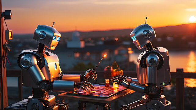 Two robots drawing at sunset, Generative AI