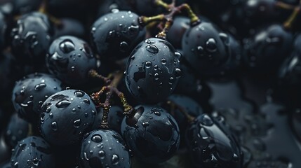 Poster - Closeup of berries of dark bunch of grape with water drops Sot focus : Generative AI
