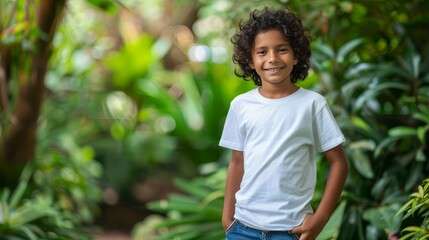 A boy with a green garden in the background. Boy in his plain t-shirt.