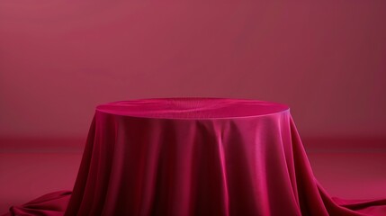 Poster - Cylinder podium covered with red cloth on viva magenta background Premium empty fabric pedestal for product display : Generative AI