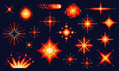 Poster - Pixel art explosions. game icons set. Comic boom flame effects for emotion. 8-Bit Vector. Bang burst explode flash nuclear bubble dynamite with smoke. Animation frame. Process steps, Video fire.