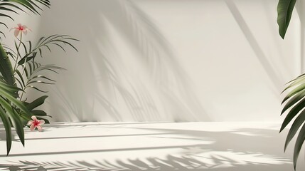 Poster - Abstract white studio background for product presentation Empty room with shadows of window and flowers and palm leaves  3d room with copy space Summer concert Blurred backdrop : Generative AI