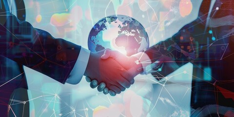 handshaking business corporate double exposure with globe hologram