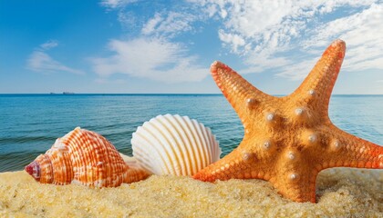 Poster - starfish and seashell on the summer beach in sea water.