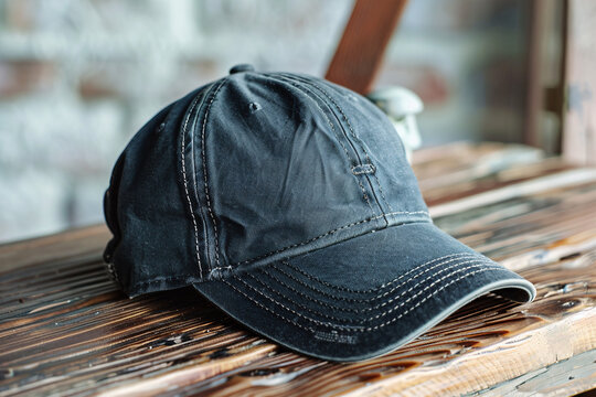 Plain baseball cap on a wooden surface with a casual