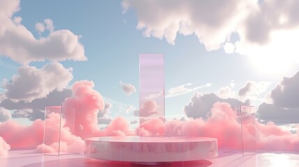 Poster - Front view of transparent podium decorated with pinky cloudy sky background abstract content : Generative AI