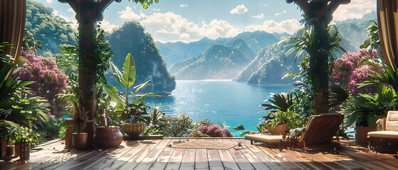 Wall Mural - Picturesque Lake View with Mountains, Serene Waters and Lush Greenery, Ideal for a Peaceful Getaway