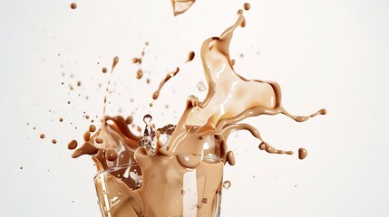 Aufkleber - Milk Tea fall ice cube cool pouring down in Shape form line Milk Ice coffee splash into drop dropet chocolate cocoa attack fluttering explosion in air White background isolated stop mo : Generative AI
