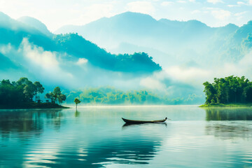 Wall Mural - A serene lake at dawn with misty mountains in the background: A peaceful, idyllic scene with a lone boat drifting on the water, surrounded by lush greenery and a majestic mountain range.