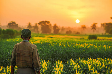 A South Asian farmer surveys their fields at sunset, reflecting on the day's work with a sense of satisfaction.