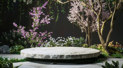Poster - Front view of the stone podium showcases products in a garden with flowers plants and branches Empty platform : Generative AI