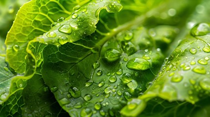 Poster - Closeup macro view of fresh green Lettuce leaves with water drops high resolution : Generative AI
