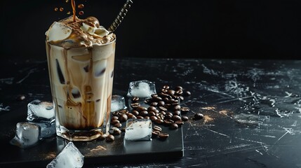 Poster - Ice coffee in a tall glass with cream poured over ice cubes and beans on a dark concrete table Cold summer drink with tubes on a black background with copy space : Generative AI