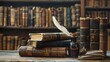 © The Little Hut - Old books quill pen and vintage inkwell in old library Conceptual background on history education ancient literature topics Old Books are symbol of knowledge Retro style : Generative AI