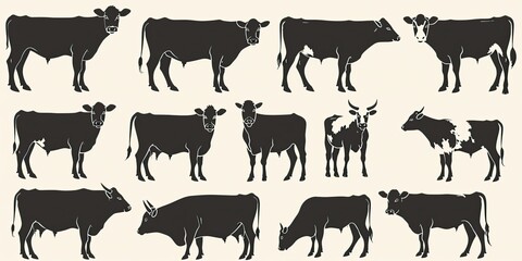 set of different cow silhouettes isolated on white background