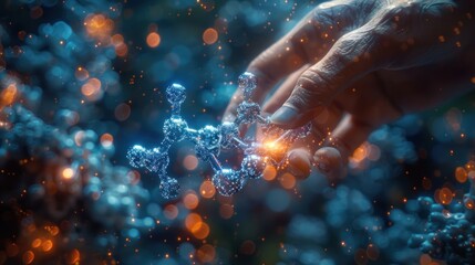 human hand touching a molecule polygon blue
