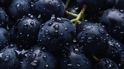 Poster - Closeup of berries of dark bunch of grape with water drops Sot focus : Generative AI