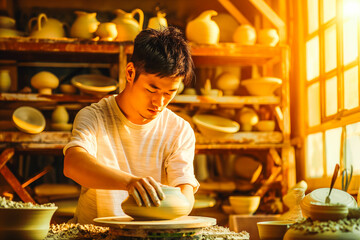 A young Asian man works on his pottery wheel in a rustic studio, the warm sunset light illuminating his creations.