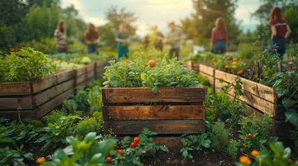 Wooden raided beds in an urban garden.