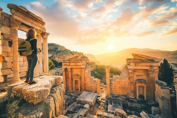 Adventurous traveler exploring ancient ruins at sunrise, marveling at historical wonders.