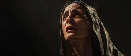 Wall Mural - Biblical character.     Emotional close up portrait of a woman with blue eyes in a veil looking up. Looking up to heaven with tears in her eyes, full-length shot set in biblical times,