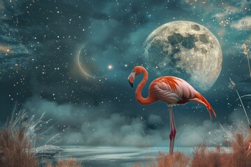 Wall Mural - Flamingo standing in a field with a full moon in the background