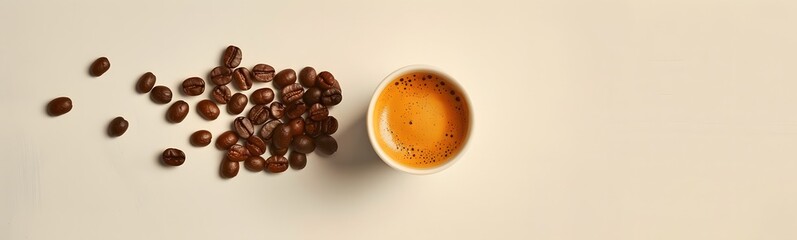 expresso coffee cup and coffee beans on white tables