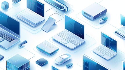 Aufkleber - Isometric icons of laptops, computers, and tech equipment for cloud storage ads. Creative banner with copy space in white and blue colors. Generative AI