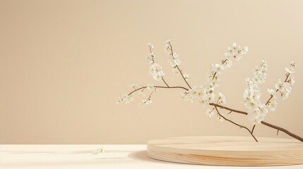 Poster - geometric empty podium wooden platform stand for product presentation and spring flowering tree bran