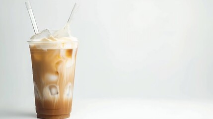 Poster - Iced latte coffee on plastic glass and tubesucking isolated white background summer drink concept : Generative AI