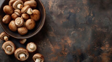 Poster - Top View Of Uncooked Fresh Raw Royal Champignon Mushrooms Close Up Appetizing Brown Mushrooms Ready For Eating Bowl with Edible Vegetables Cultivated Conception : Generative AI