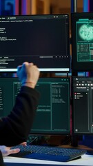 Poster - vertical video happy hacker in secret hideout celebrating after managing to hide online activity aft