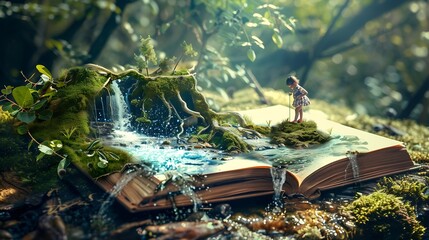 Concept of an open magic book open pages with water and land and small child Fantasy nature or learning concept with copy space : Generative AI