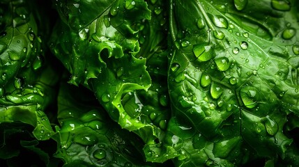 Poster - Closeup macro view of fresh green Lettuce leaves with water drops high resolution : Generative AI