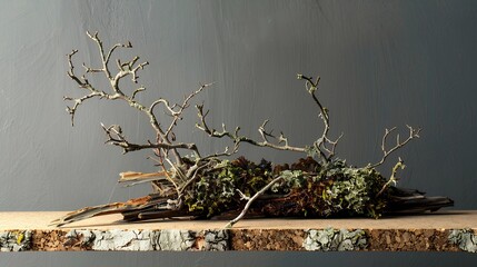 Aufkleber - Abstract north nature scene with a composition of lichen pine branches and dry snags Place your product on a cork podium Copy space : Generative AI
