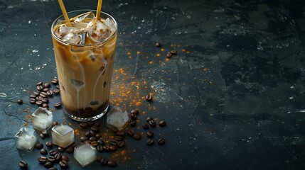 Poster - Ice coffee in a tall glass with cream poured over ice cubes and beans on a dark concrete table Cold summer drink with tubes on a black background with copy space : Generative AI