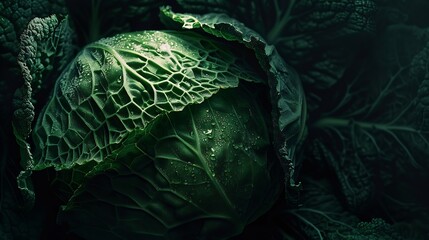 Poster - Raw fresh green cabbage texture and background top view over dark background selective focus : Generative AI