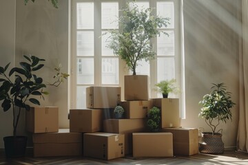 Sticker - Bright room with stacks of boxes and plants, showcasing a clean, modern, and organized setup for unpacking and moving into a cozy, serene home.