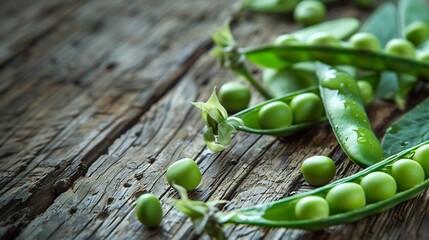 Wall Mural - Pods of green peas on a old wooden surface close up soft focus : Generative AI