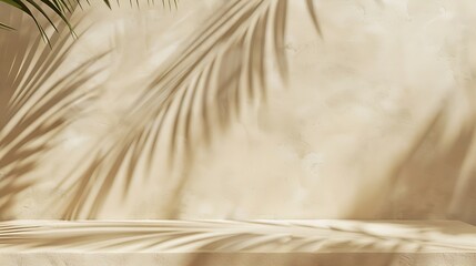 Leinwandbilder - Minimal product placement background with palm shadow on beige plaster wall Luxury summer architecture interior aesthetic Boho home room for product platform stage mockup : Generative AI