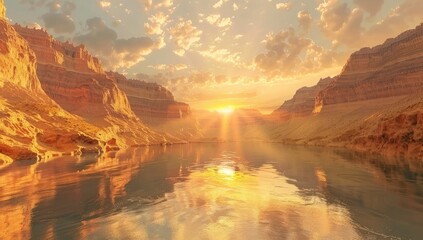 Wall Mural - 3d rendering of beautiful canyon with river and reflection. Grand Canyon, Arizona USA at sunset. National park. Beautiful natural landscape background. Water in the desert mountains